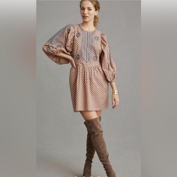 Anthropologie Dresses & Skirts - New Anthropologie Women’s Embroidered Mini Dress Blue Peach Coastal Cowgirl M